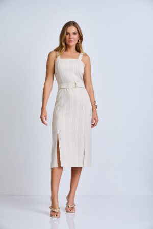 Vestido Midi em Viscolinho com Friso Prateado e Faixa REF:033402