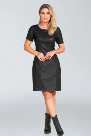 Vestido em Couro Eco e Malha Scuba Manga Curta REF:033429